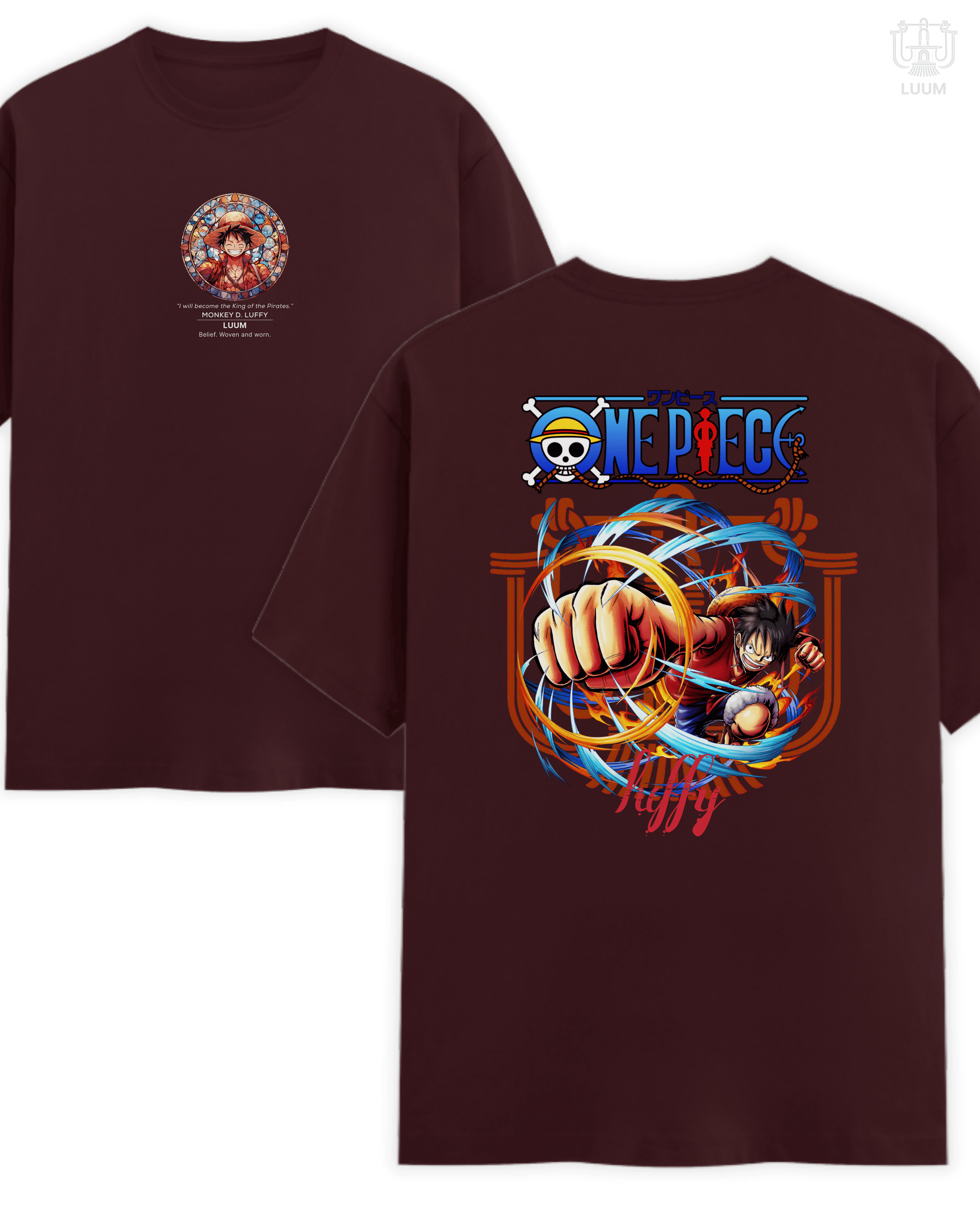 Oversized fit 260 GSM French Terry cotton t-shirt in maroon with Monkey D. Luffy artwork, part of LUUM’s Mugiwara Legends series. Part of DailyPrints Collection. Belief. Woven and Worn.