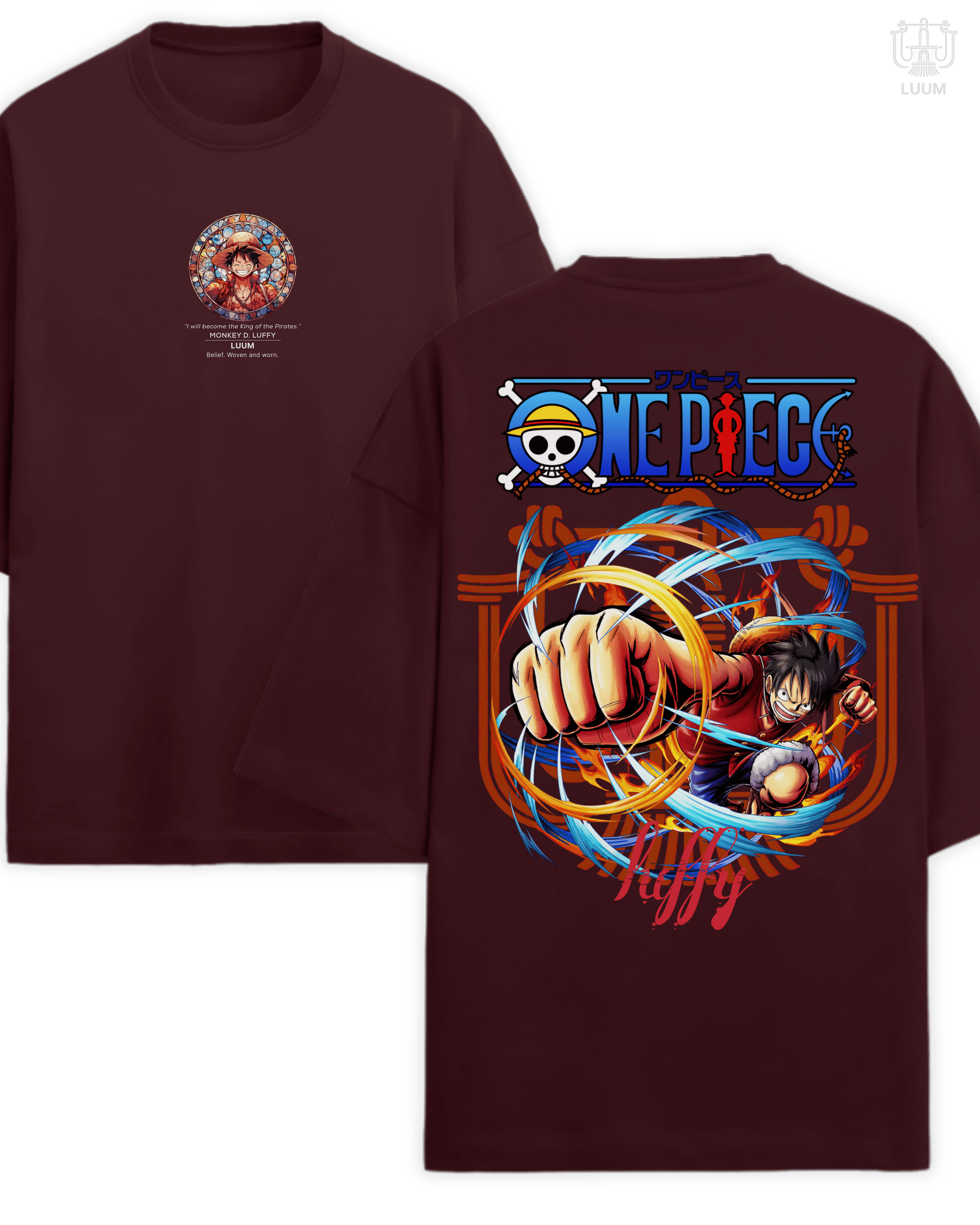 LUUM Regular fit 180 GSM SUPIMA Cotton t-shirt in maroon featuring Monkey D. Luffy design from LUUM’s Mugiwara Legends collection. Part of DailyPrints Collection. Belief. Woven and Worn.