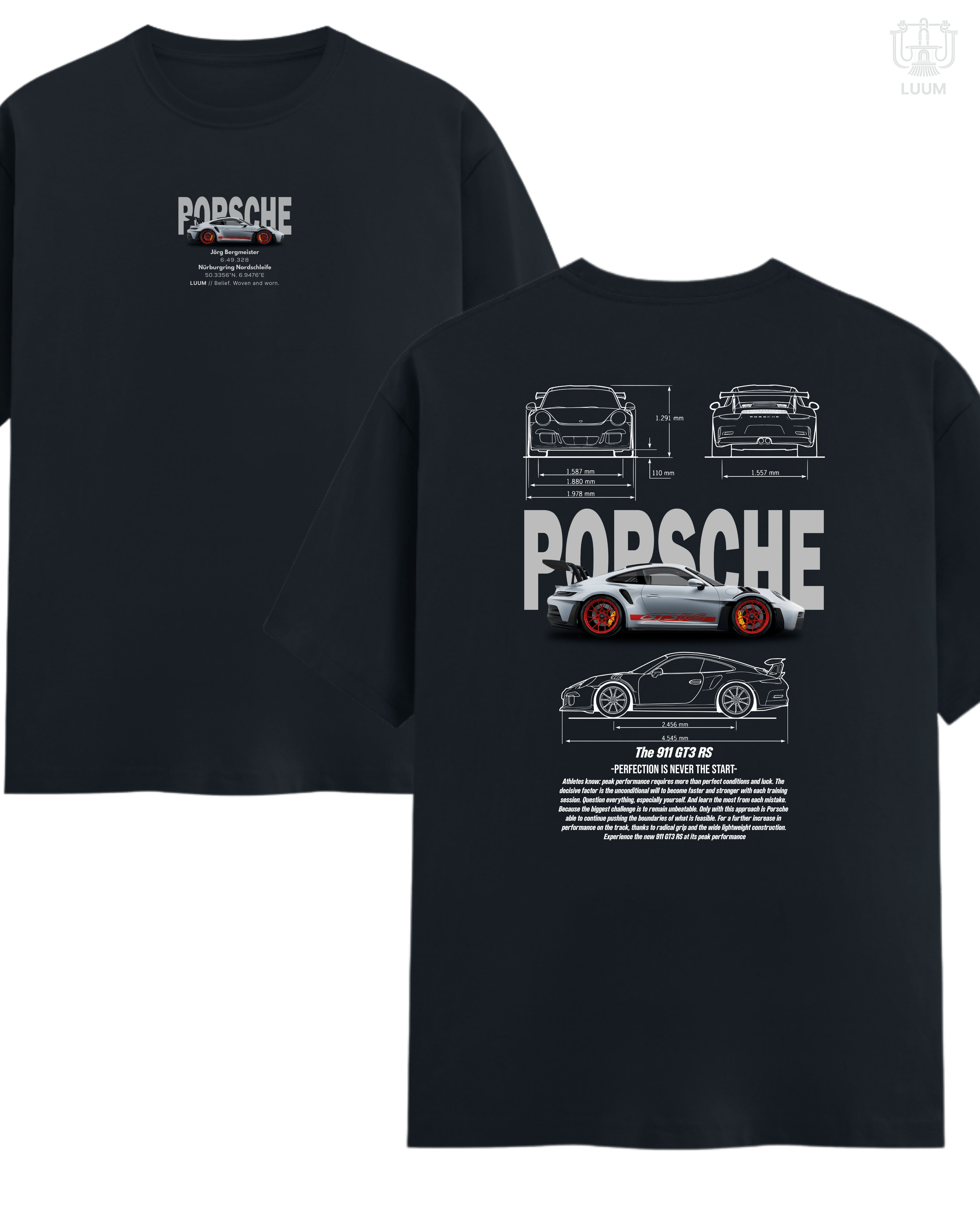 Regular fit LUUM Porsche 911 GT3 RS tee in Navy Blue, made from 180 GSM Supima cotton for comfort and durability. Part of DailyPrints Collection. Belief. Woven and Worn.