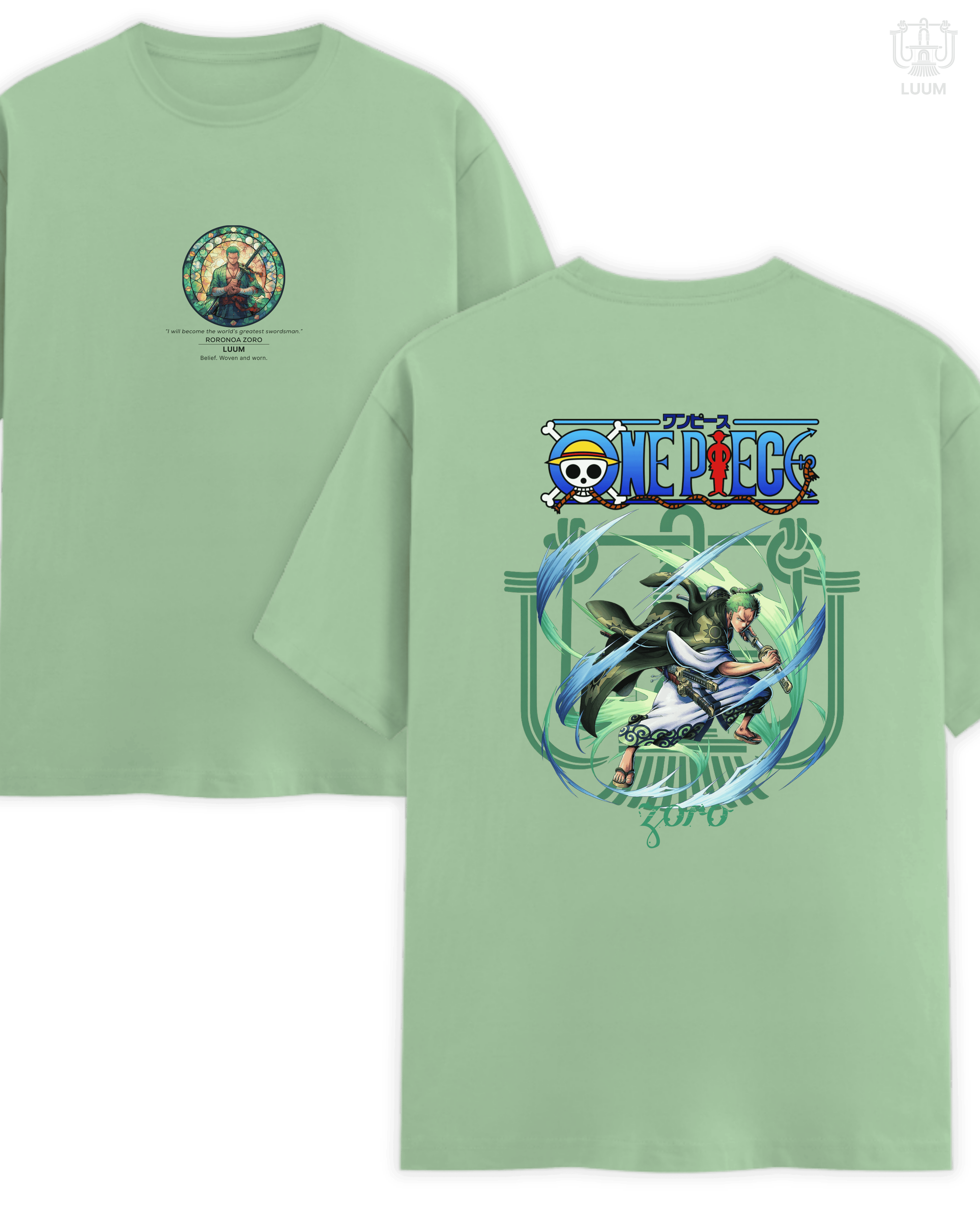 Regular fit Mugiwara Legends: Roronoa Zoro t-shirt in Jade, crafted from 180 GSM SUPIMA Cotton for a refined, breathable finish. Part of DailyPrints Collection. Belief. Woven and Worn.