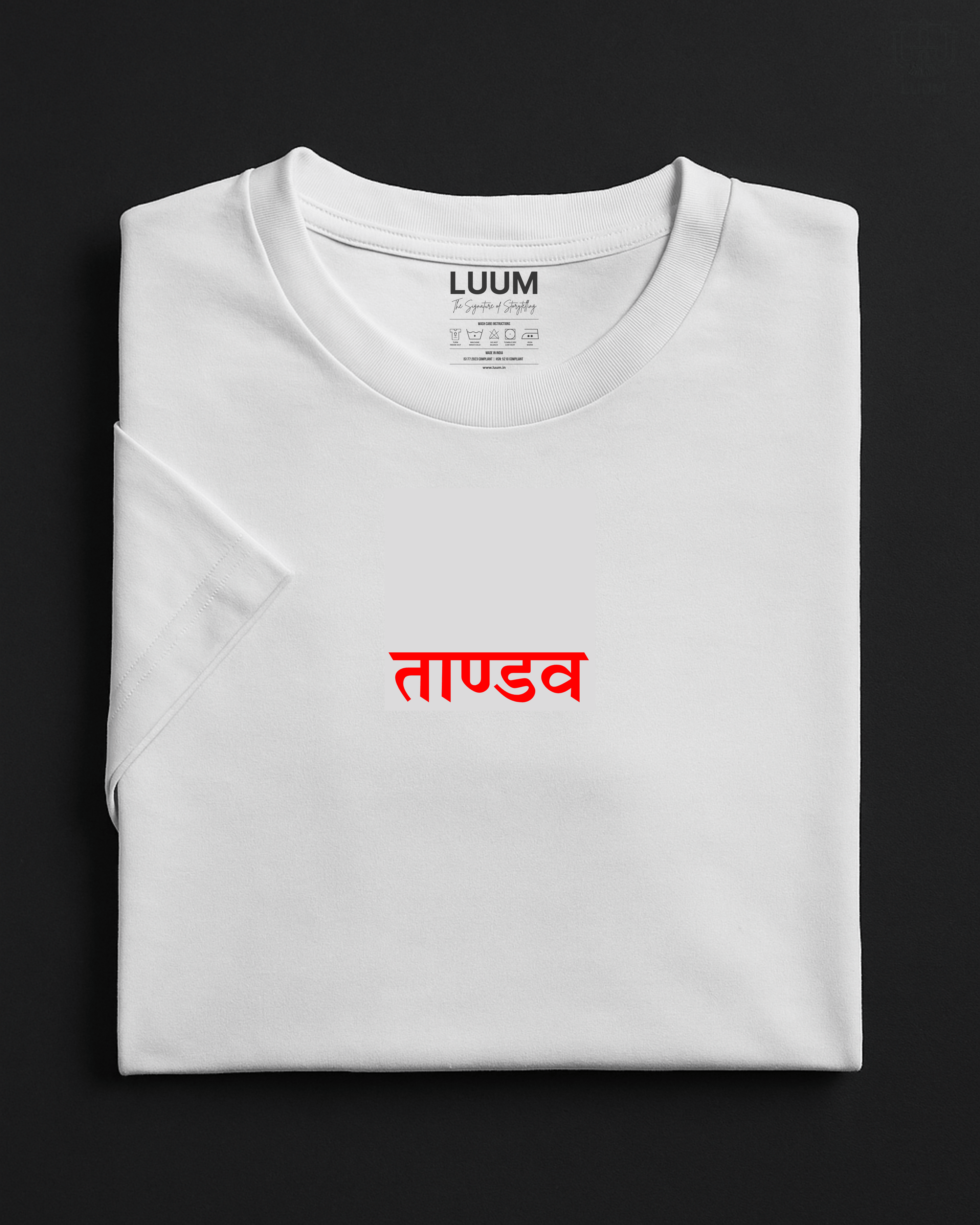 LUUM's Tandav regular fit t-shirt in white SUPIMA cotton, lightweight 180 GSM, bold red Sanskrit script. Part of Threadmark Collection. Belief. Woven and Worn.