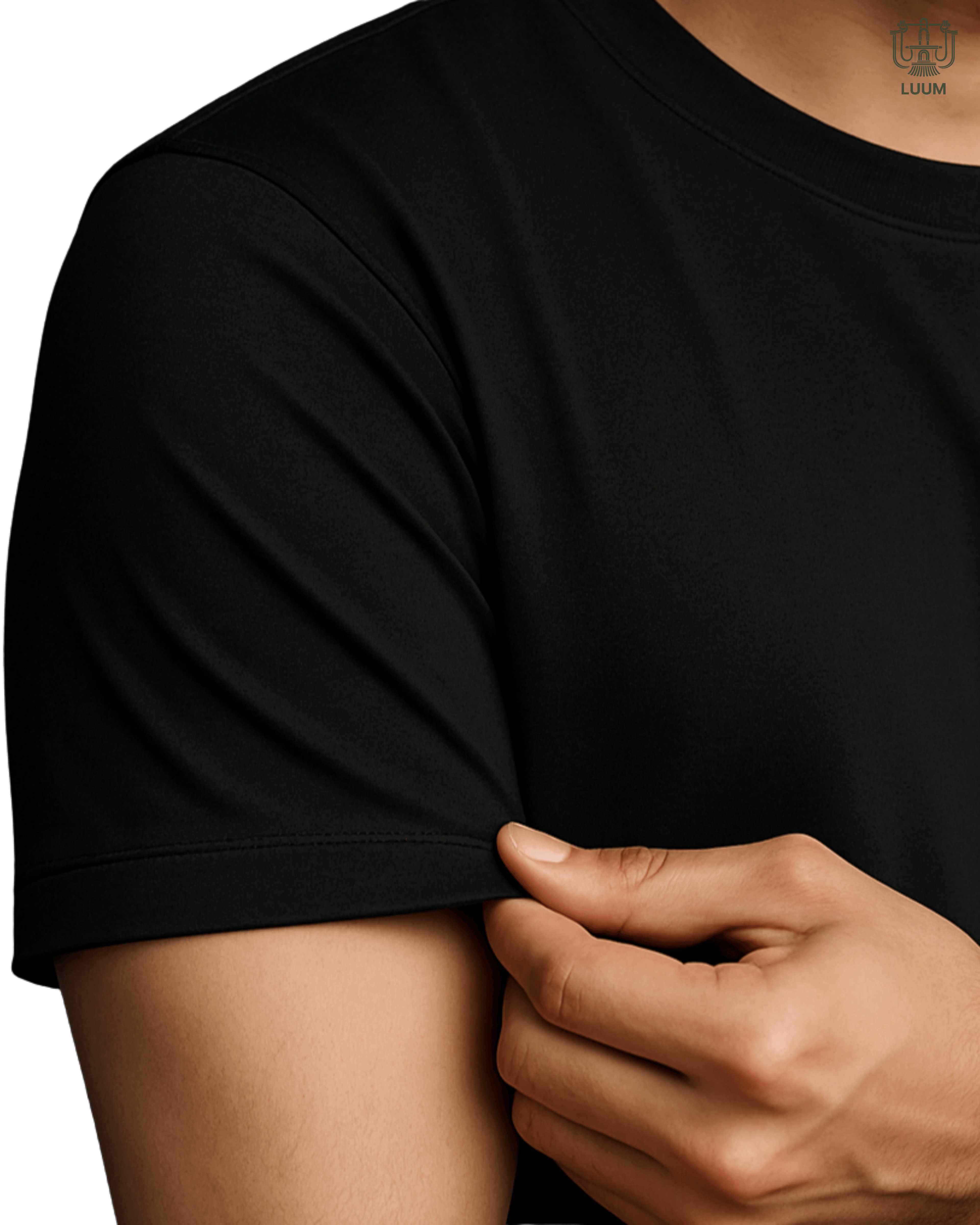 LUUM CoreForm Black Regular Fit T-Shirt - A 180 GSM All SUPIMA Cotton Marvel. Model displaying SUPIMA's superior stretch. 