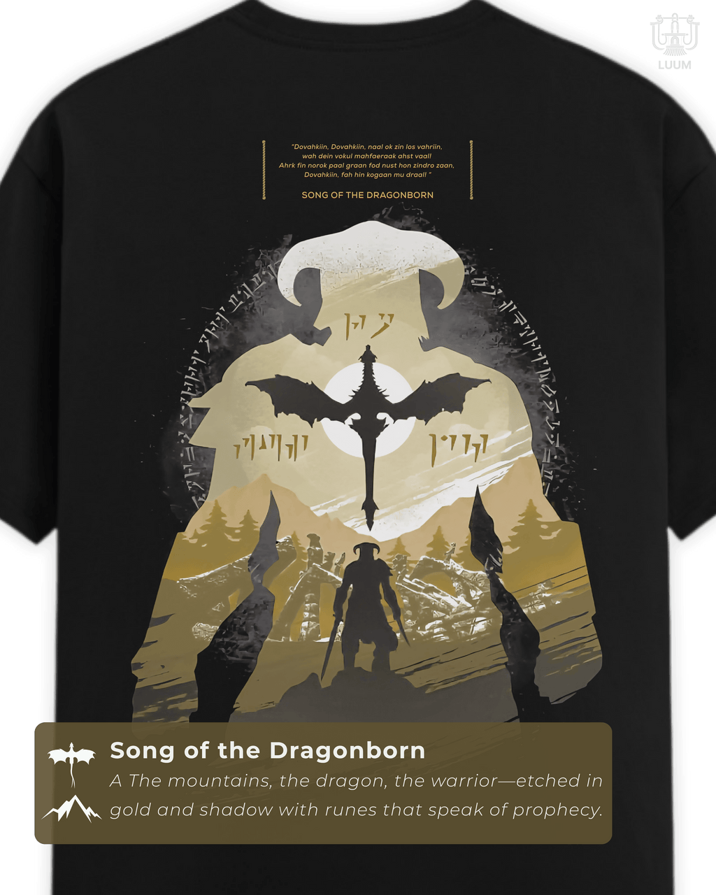 Back view of Skyrim t-shirt with dragon silhouette, warrior figure, and ancient runes. Part of DailyPrints Collection. Belief. Woven and Worn.