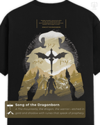 Back view of Skyrim t-shirt with dragon silhouette, warrior figure, and ancient runes. Part of DailyPrints Collection. Belief. Woven and Worn.