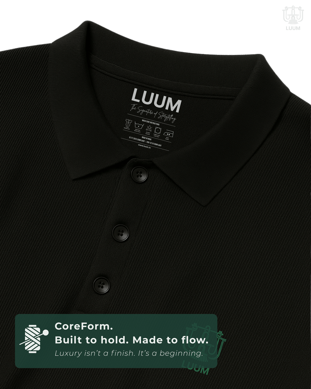 Close-up of fabric texture – LUUM CoreForm Black Polo in Airtex Cotton. Luxury isn't a finish. It's a beginning.