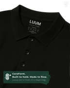 Close-up of fabric texture – LUUM CoreForm Black Polo in Airtex Cotton. Luxury isn't a finish. It's a beginning.