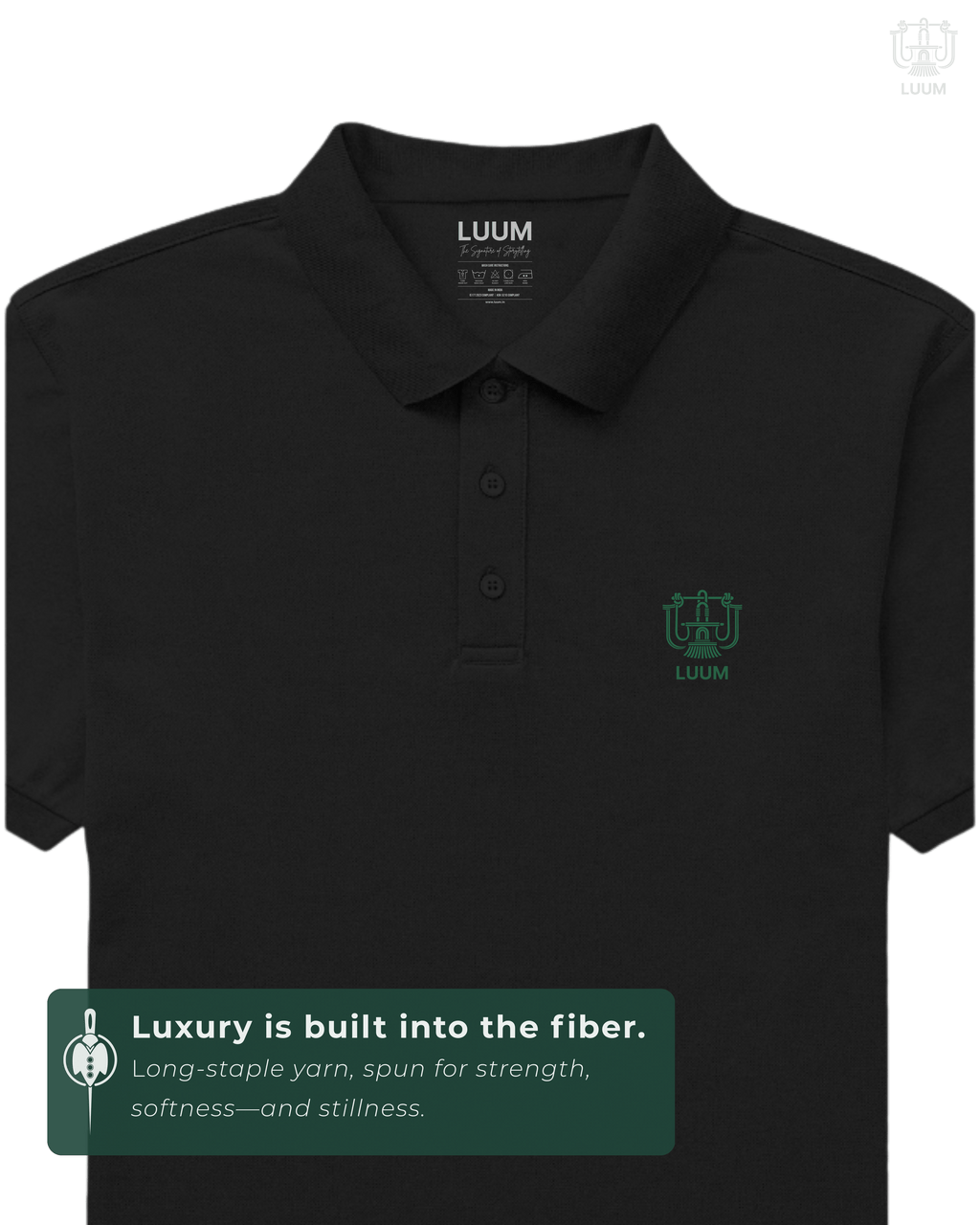 LUUM CoreForm Black Polo T-Shirt in 240 GSM Airtex Cotton – front view. Features a long staple yarn unmatched softness and strength.