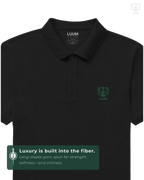 LUUM CoreForm Black Polo T-Shirt in 240 GSM Airtex Cotton – front view. Features a long staple yarn unmatched softness and strength.
