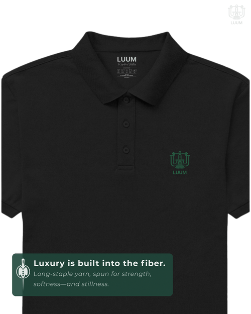 LUUM CoreForm Black Polo T-Shirt in 240 GSM Airtex Cotton – front view. Features a long staple yarn unmatched softness and strength.