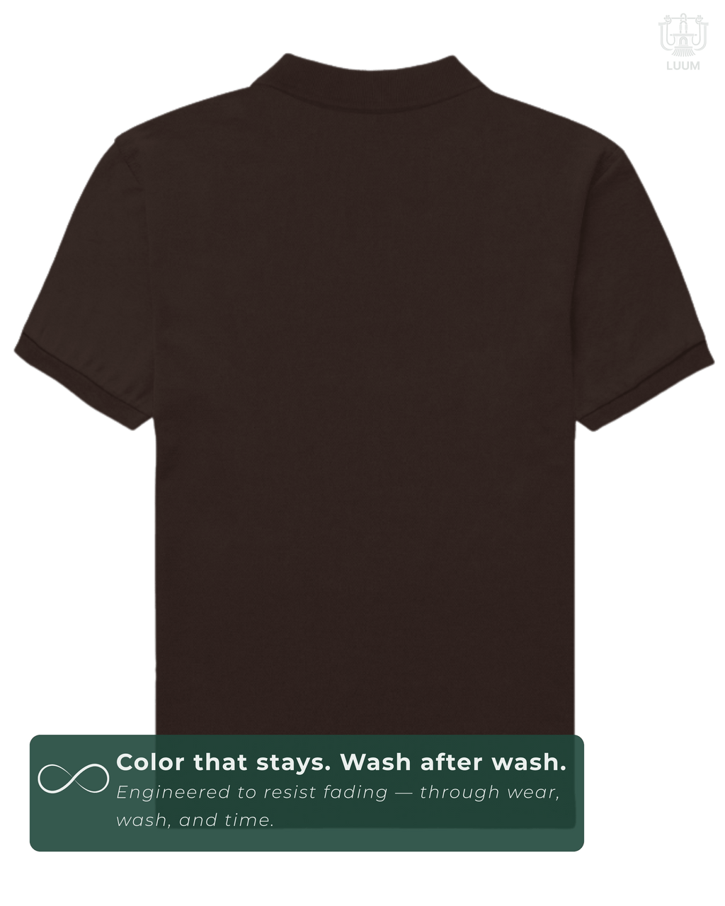 Back view of solid coffee brown LUUM Polo – everyday wear essential. A color that stays even after multiple washes.