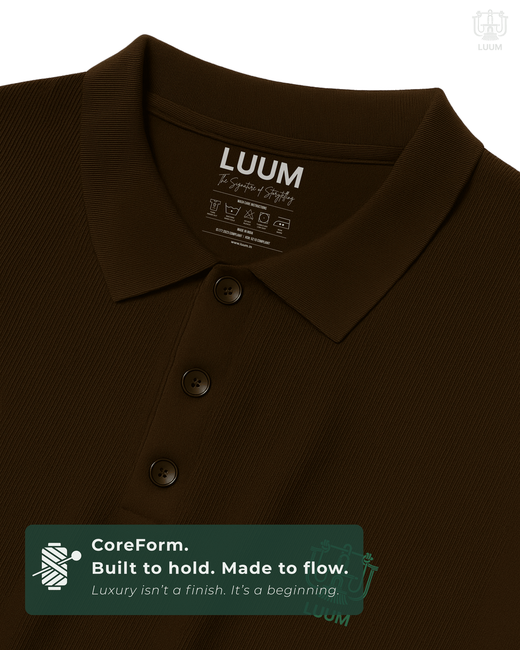 Close-up of fabric texture – LUUM CoreForm Coffee Brown Polo in Airtex Cotton. Luxury isn't a finish. It's a beginning.