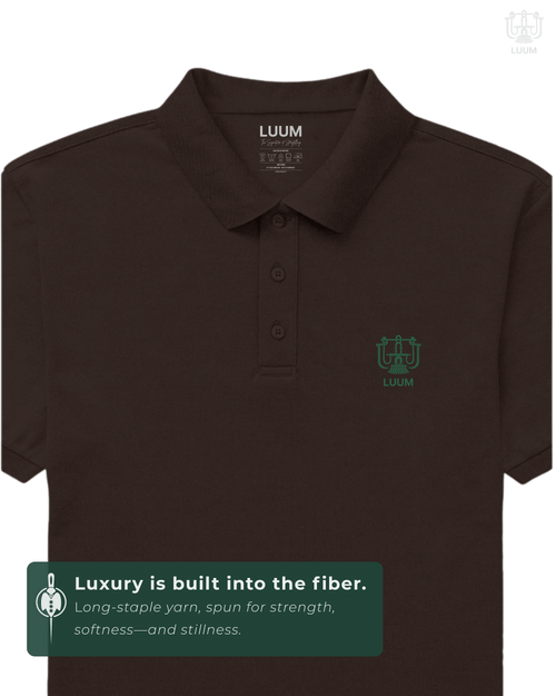 LUUM CoreForm Coffee Brown Polo T-Shirt in 240 GSM Airtex Cotton – front view. Features a long staple yarn unmatched softness and strength.