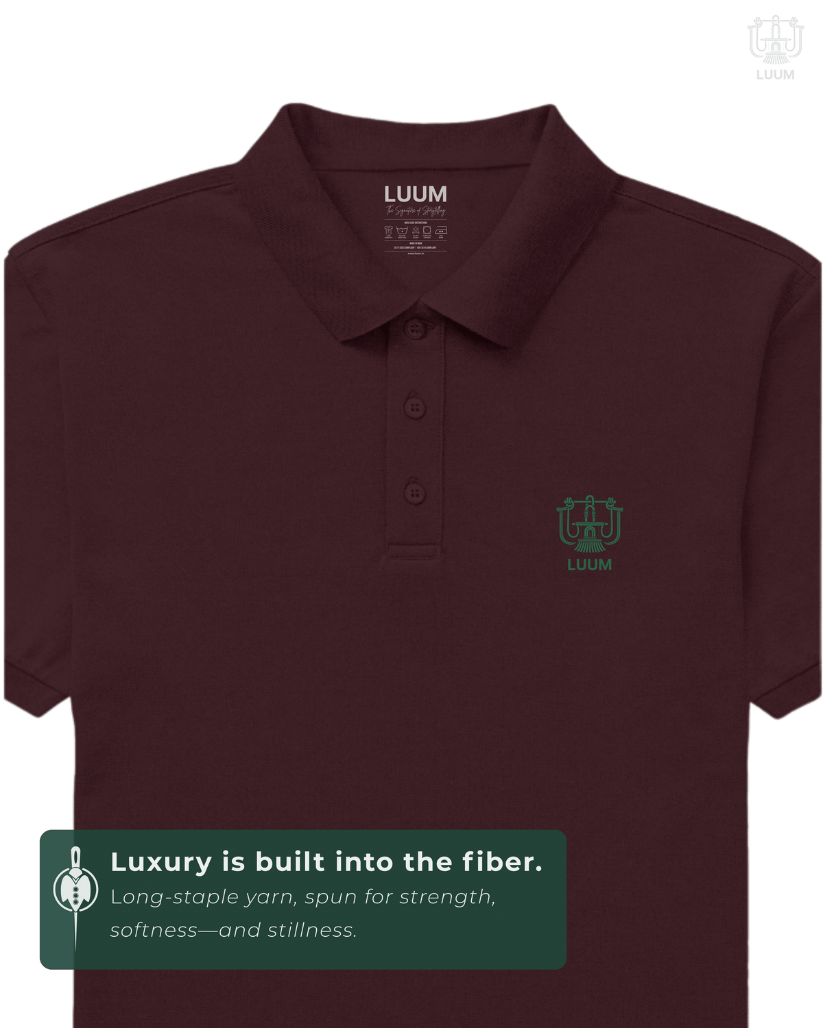 LUUM CoreForm Maroon Polo T-Shirt in 240 GSM Airtex Cotton – front view. Features a long staple yarn unmatched softness and strength.