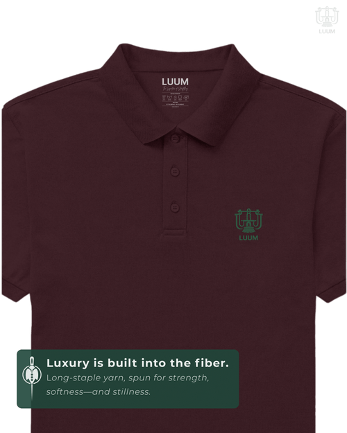 LUUM CoreForm Maroon Polo T-Shirt in 240 GSM Airtex Cotton – front view. Features a long staple yarn unmatched softness and strength.