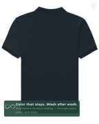 Back view of solid Navy Blue LUUM Polo – everyday wear essential. A color that stays even after multiple washes.