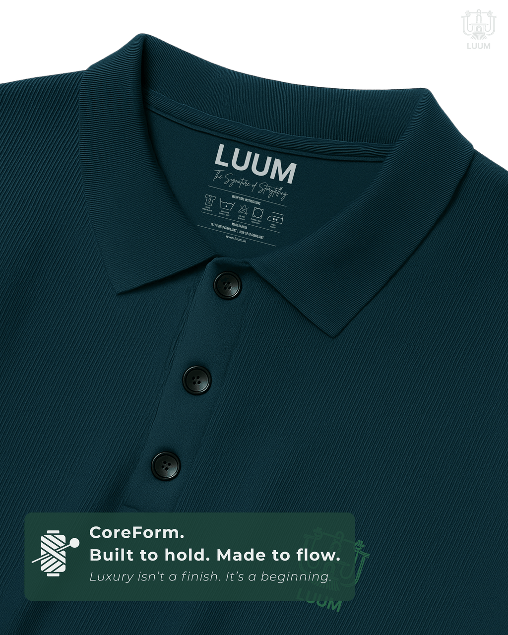 Close-up of fabric texture – LUUM CoreForm Petrol Blue Polo in Airtex Cotton. Luxury isn't a finish. It's a beginning.