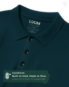 Close-up of fabric texture – LUUM CoreForm Petrol Blue Polo in Airtex Cotton. Luxury isn't a finish. It's a beginning.