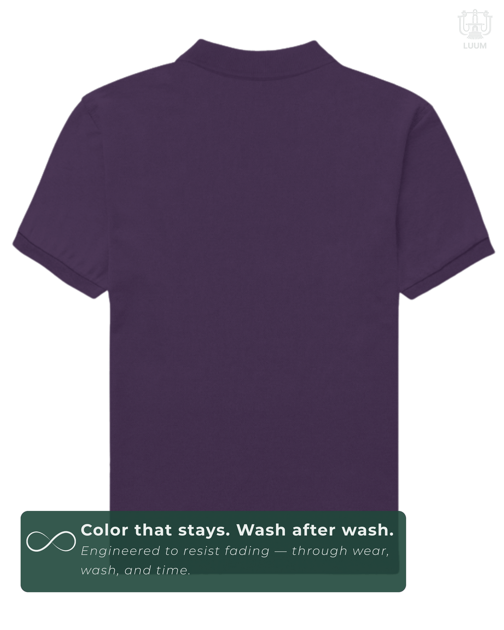 Back view of solid Purple LUUM Polo – everyday wear essential. A color that stays even after multiple washes.