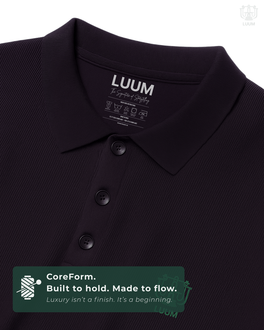 Close-up of fabric texture – LUUM CoreForm Purple Polo in Airtex Cotton. Luxury isn't a finish. It's a beginning.