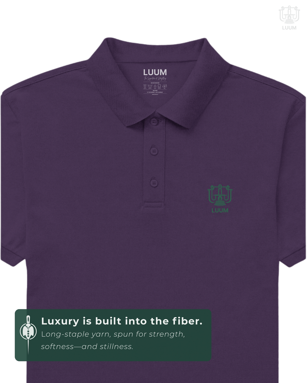 LUUM CoreForm Purple Polo T-Shirt in 240 GSM Airtex Cotton – front view. Features a long staple yarn unmatched softness and strength.