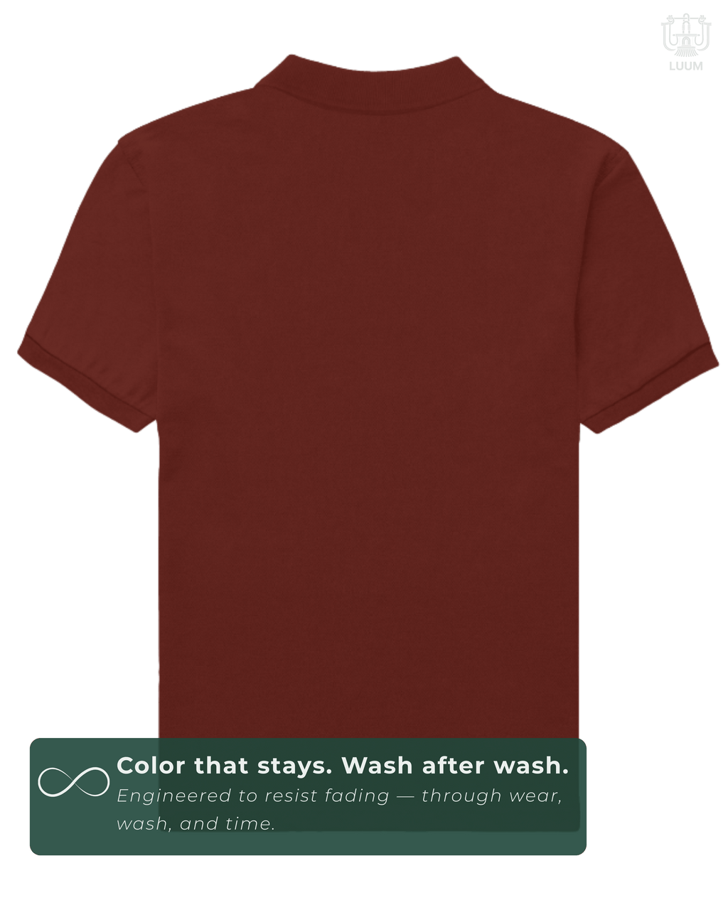 Back view of solid Red LUUM Polo – everyday wear essential. A color that stays even after multiple washes.