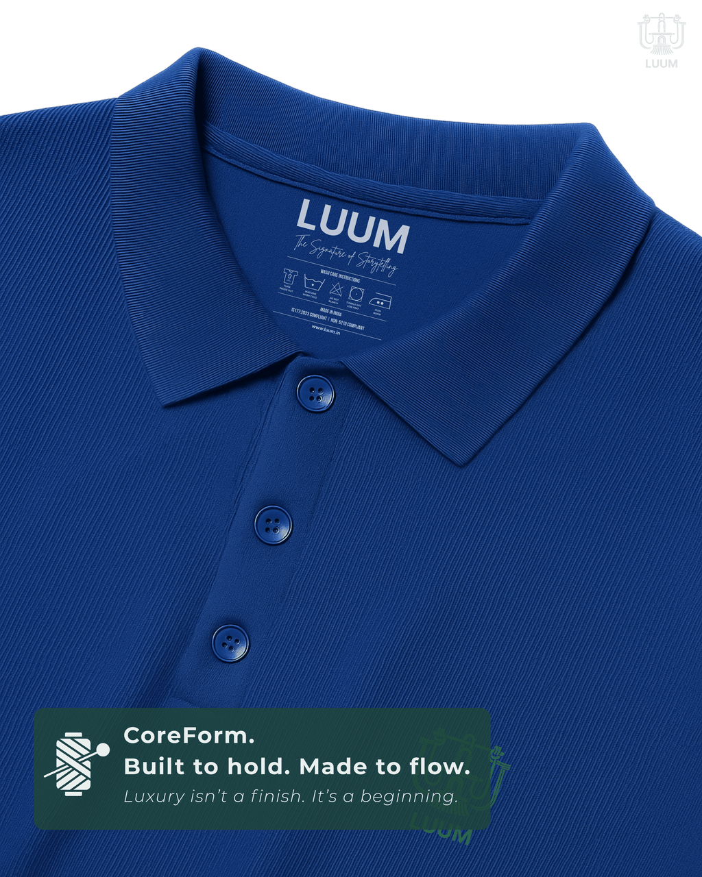 Close-up of fabric texture – LUUM CoreForm Black Polo in Airtex Cotton. Luxury isn't a finish. It's a beginning.