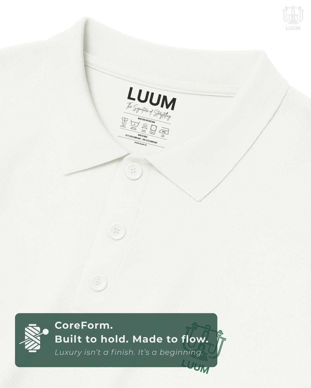 Close-up of fabric texture – LUUM CoreForm White Polo in Airtex Cotton. Luxury isn't a finish. It's a beginning.