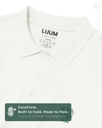 Close-up of fabric texture – LUUM CoreForm White Polo in Airtex Cotton. Luxury isn't a finish. It's a beginning.