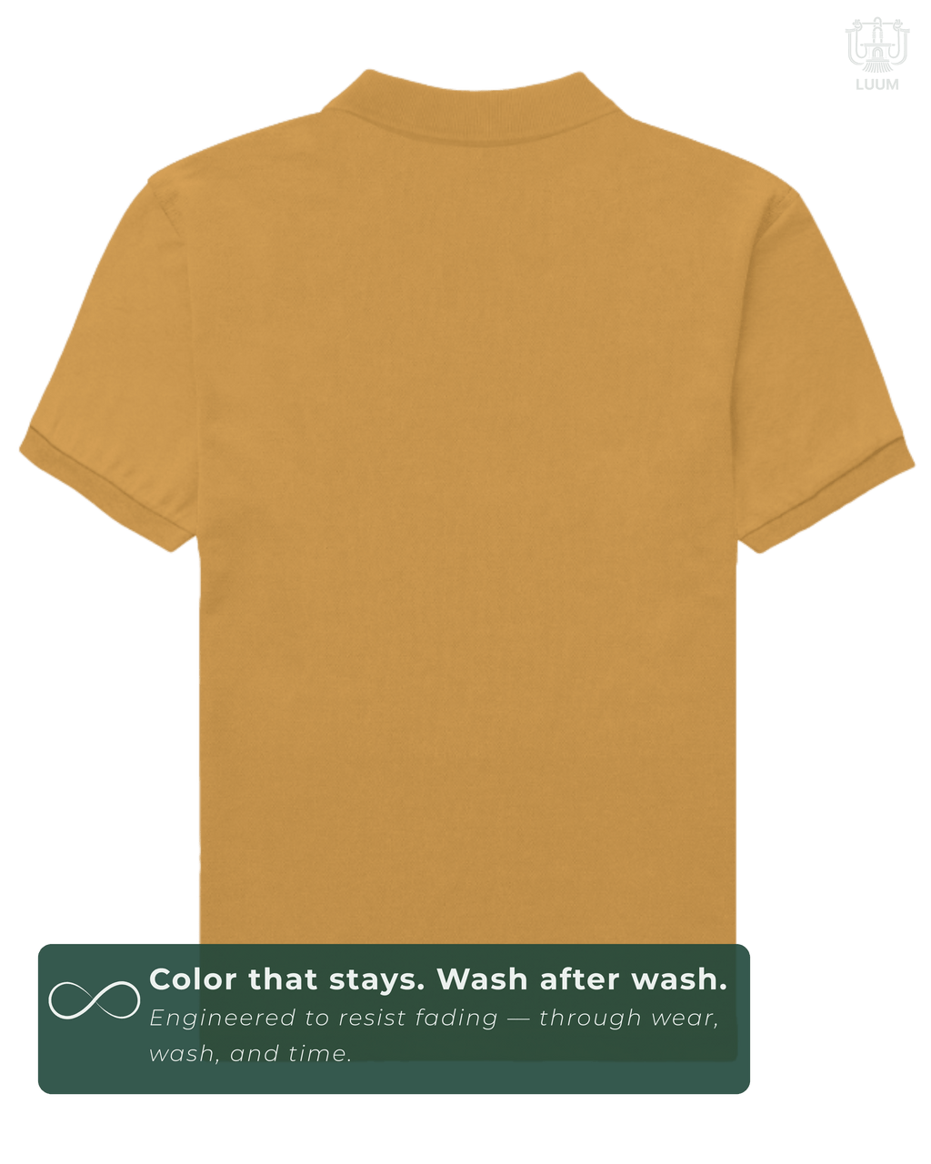 Back view of solid yellow LUUM Polo – everyday wear essential. A color that stays even after multiple washes.