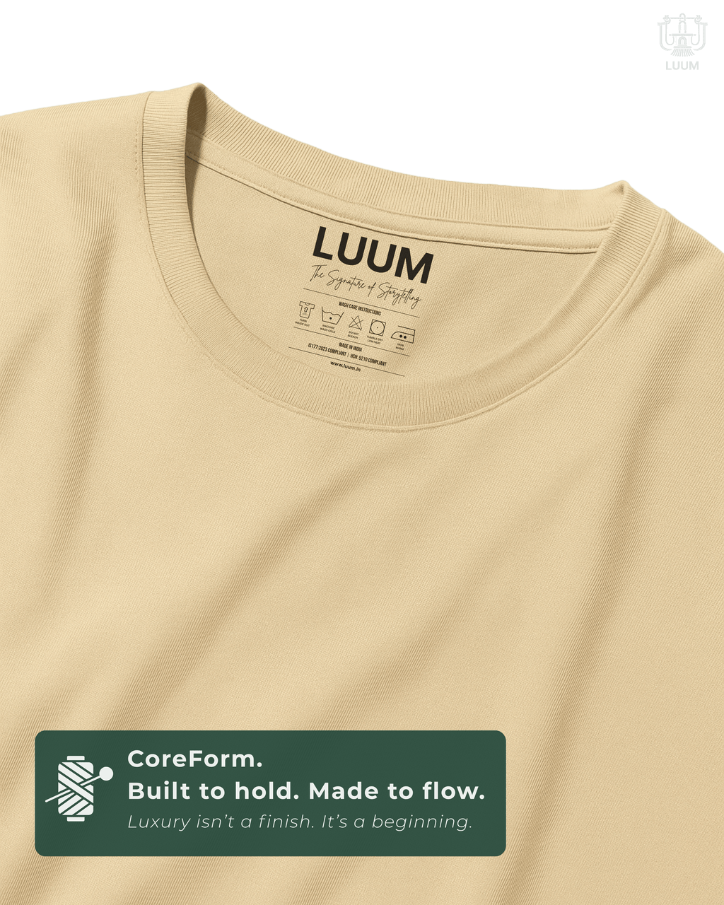 Close-up of fabric texture – LUUM CoreForm Beige SUPIMA T-Shirt in a Regular Fit. Luxury isn't a finish. It's a beginning.
