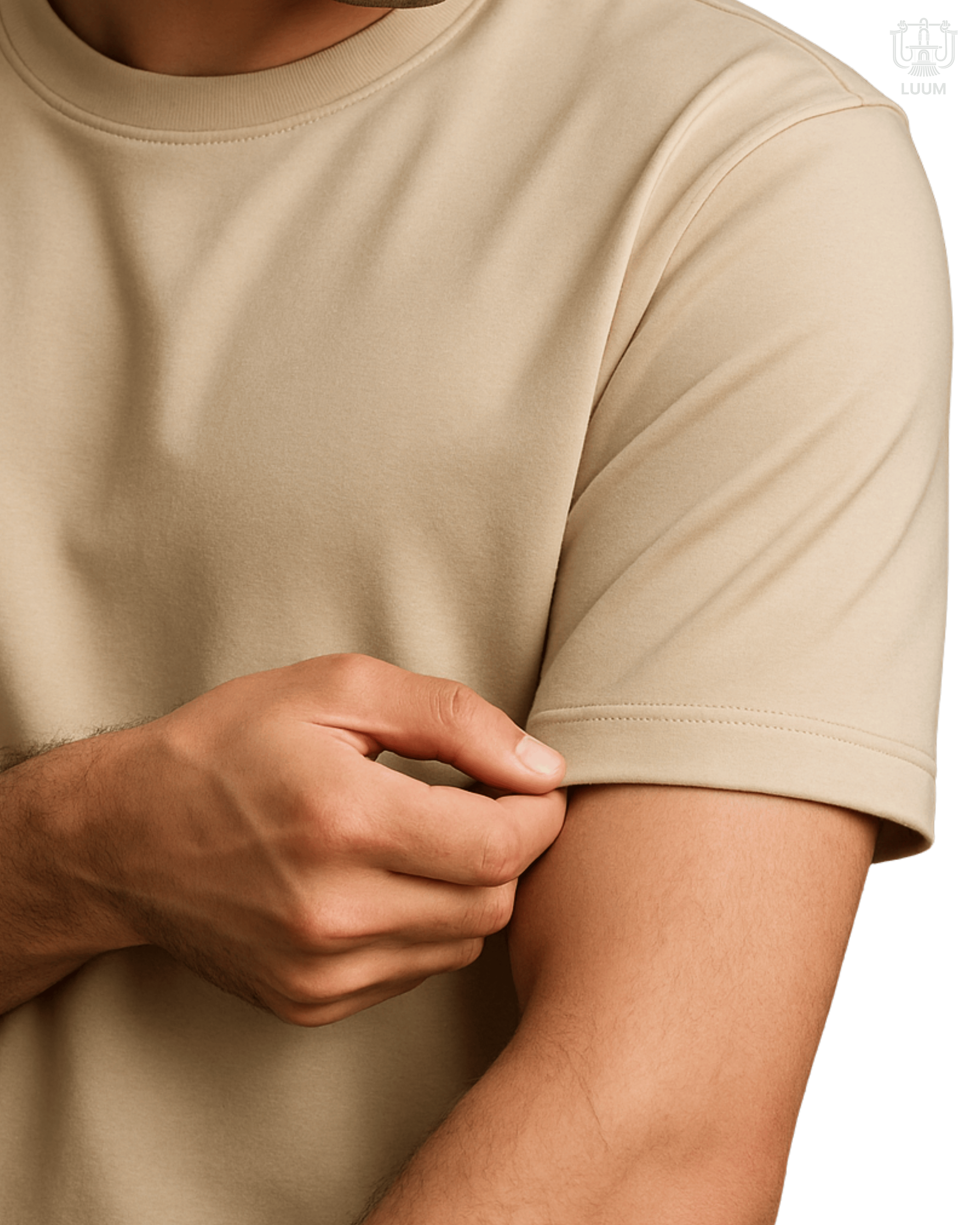 LUUM CoreForm Beige Regular Fit T-Shirt - A 180 GSM All SUPIMA Cotton Marvel. Worn by a Model displaying SUPIMA's superior stretch qualities