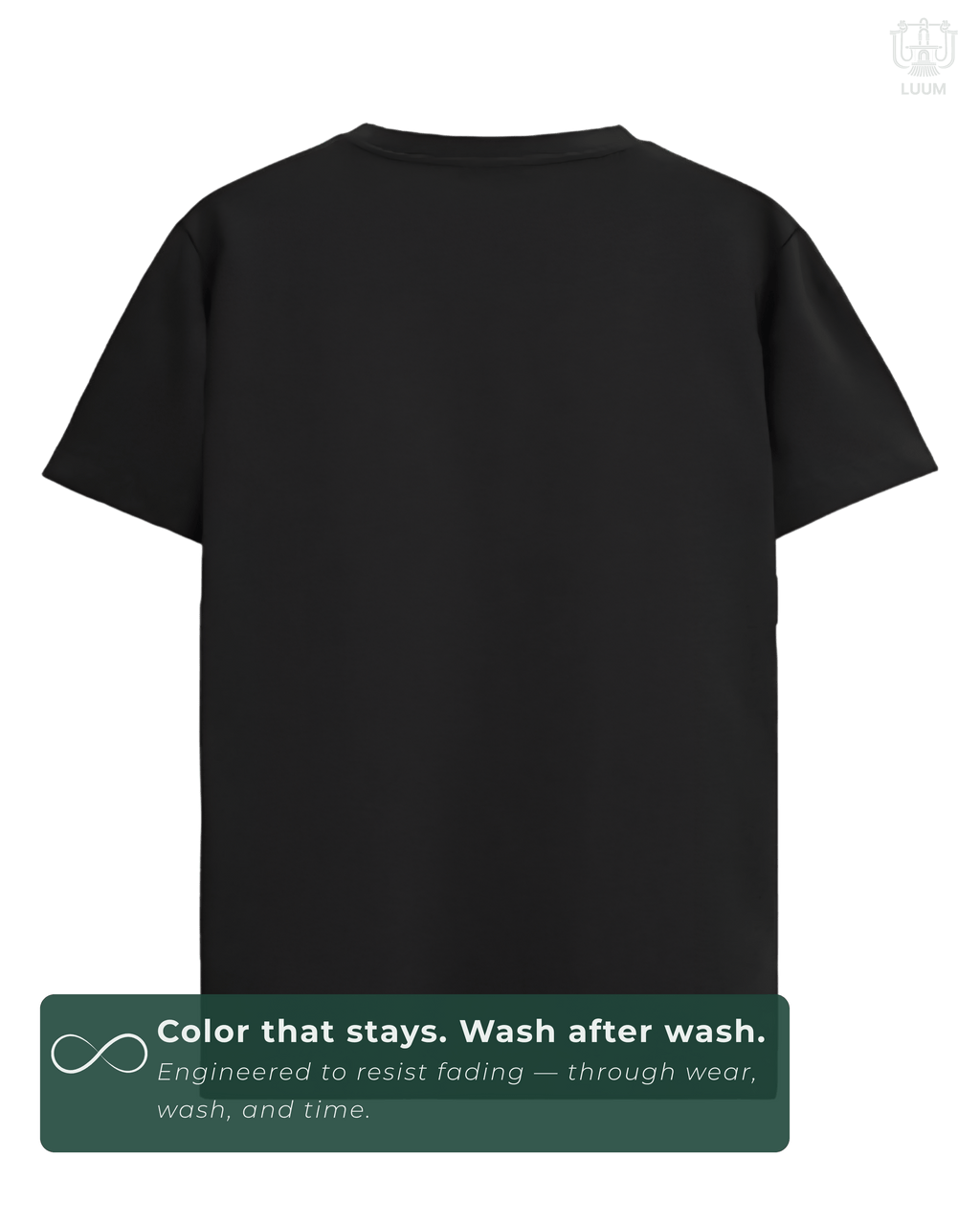 Back view of solid black LUUM regular fit t-shirt – everyday wear essential. A color that stays even after multiple washes.