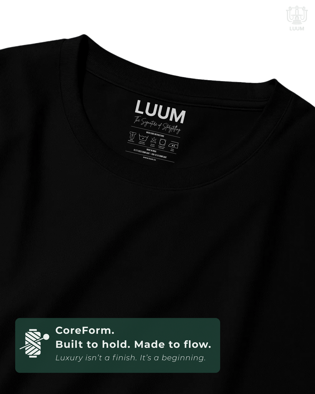 Close-up of fabric texture – LUUM CoreForm Black SUPIMA T-Shirt in a Regular Fit. Luxury isn't a finish. It's a beginning.