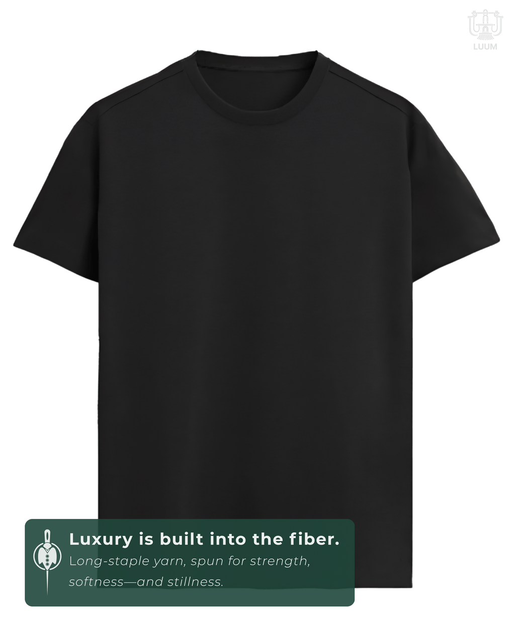 LUUM CoreForm Black Regular Fit T-Shirt in 180 GSM SUPIMA Cotton – front view. Features a long staple yarn unmatched softness and strength.