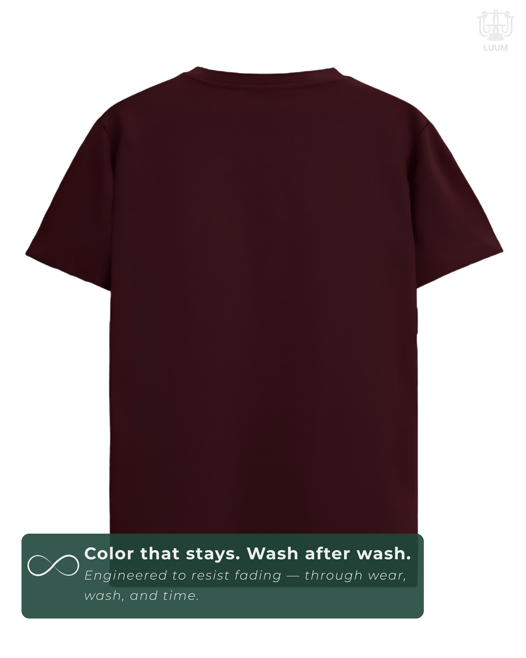 Back view of solid Maroon LUUM regular fit t-shirt – everyday wear essential. A color that stays even after multiple washes.