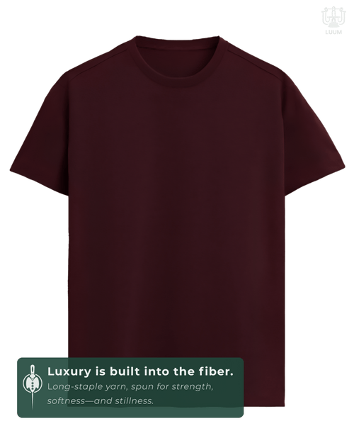 LUUM CoreForm Maroon Regular Fit T-Shirt in 180 GSM SUPIMA Cotton – front view. Features a long staple yarn unmatched softness and strength.