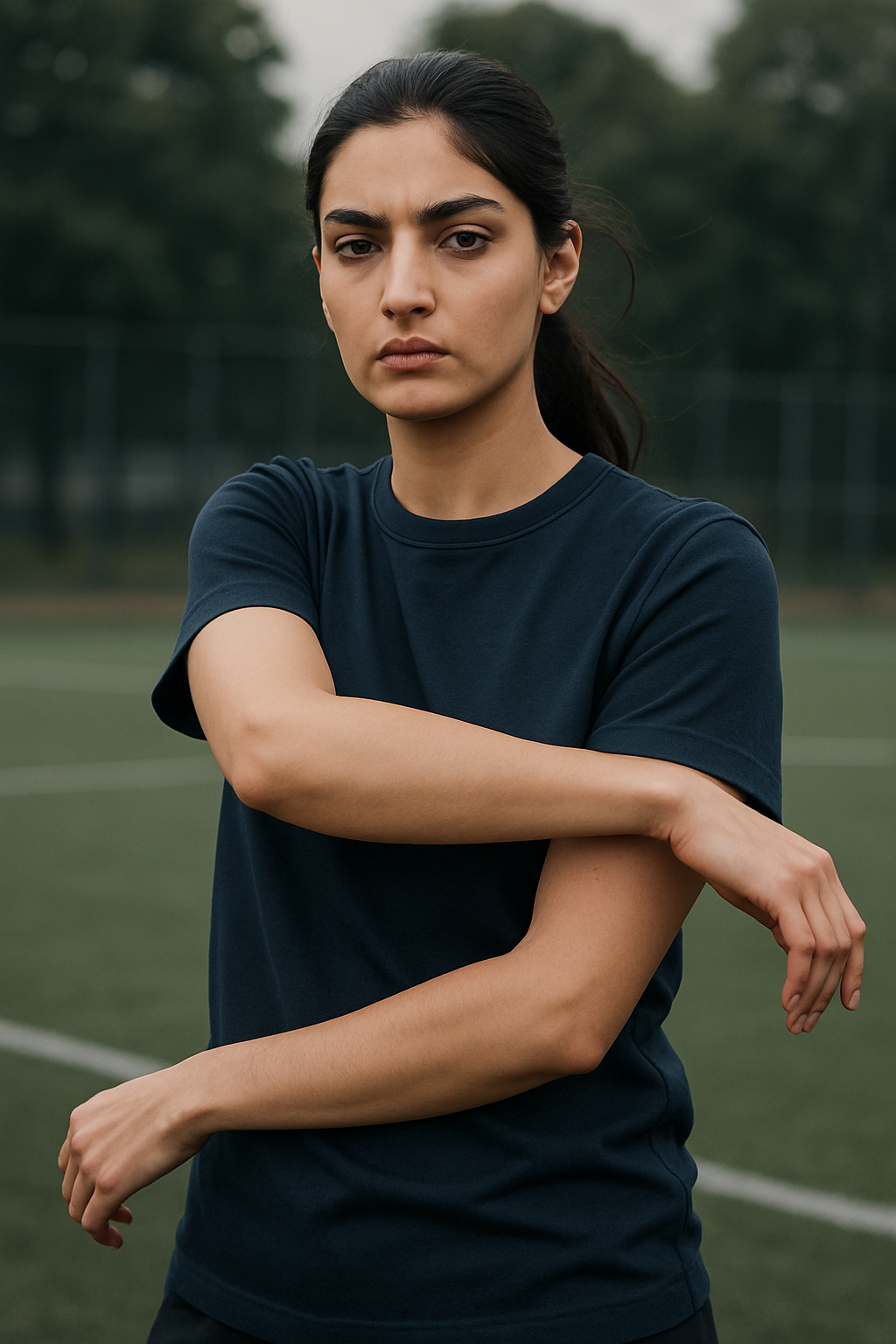 Model wearing LUUM's navy blue t-shirt on a sports field.