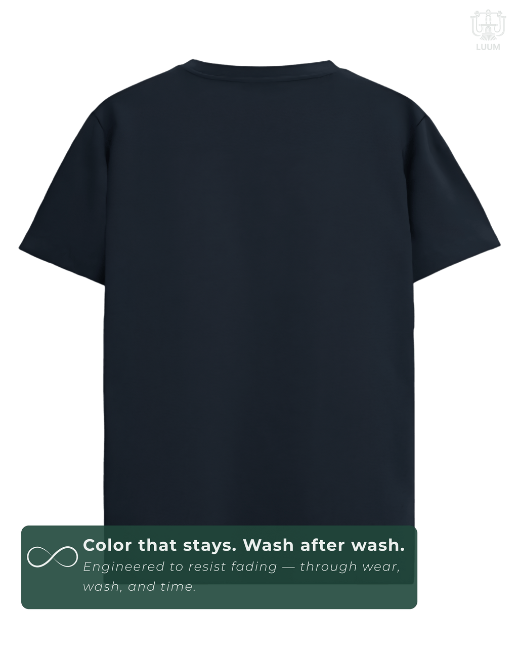 Back view of solid Navy LUUM regular fit t-shirt – everyday wear essential. A color that stays even after multiple washes.