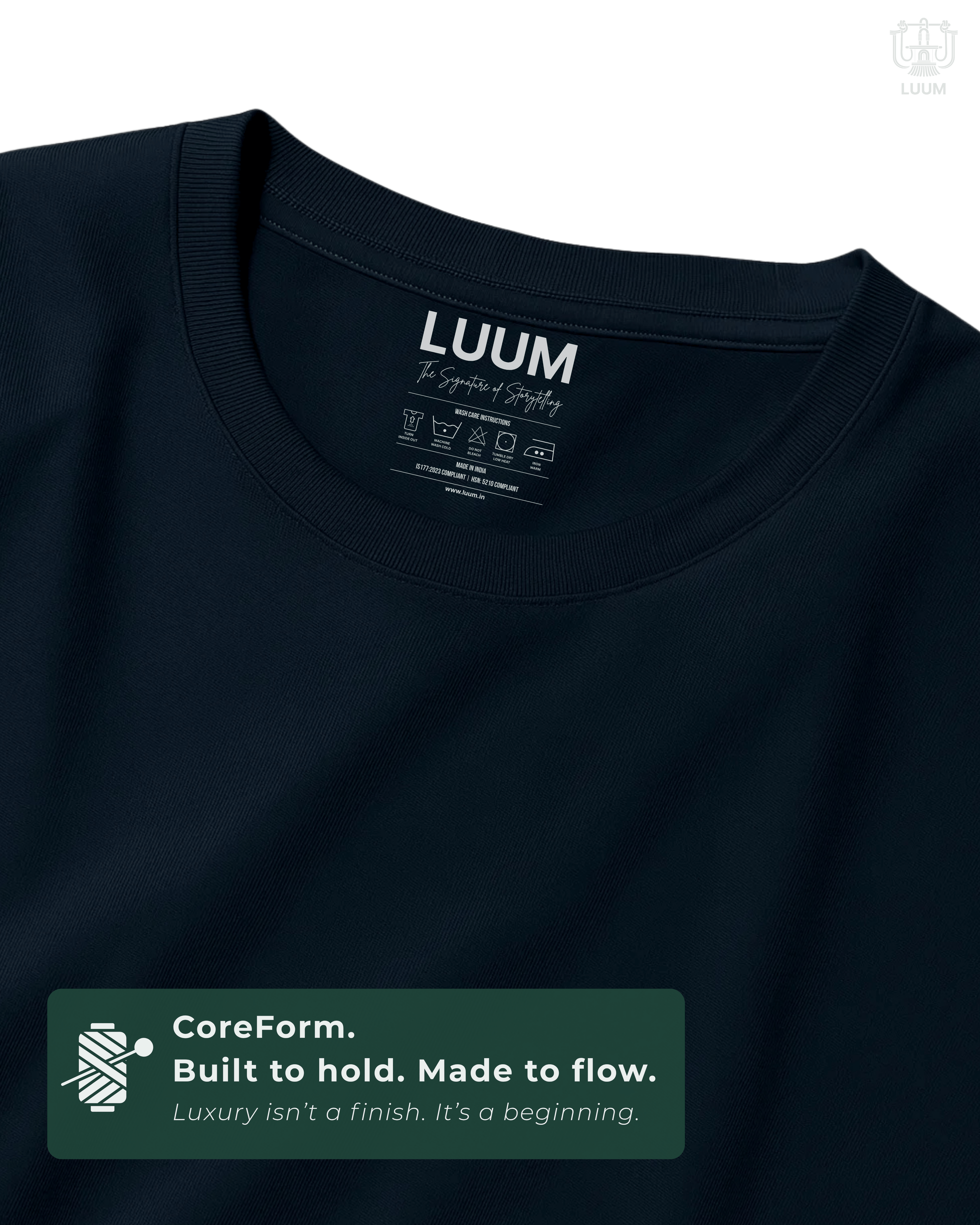Close-up of fabric texture – LUUM CoreForm Navy SUPIMA T-Shirt in a Regular Fit. Luxury isn't a finish. It's a beginning.