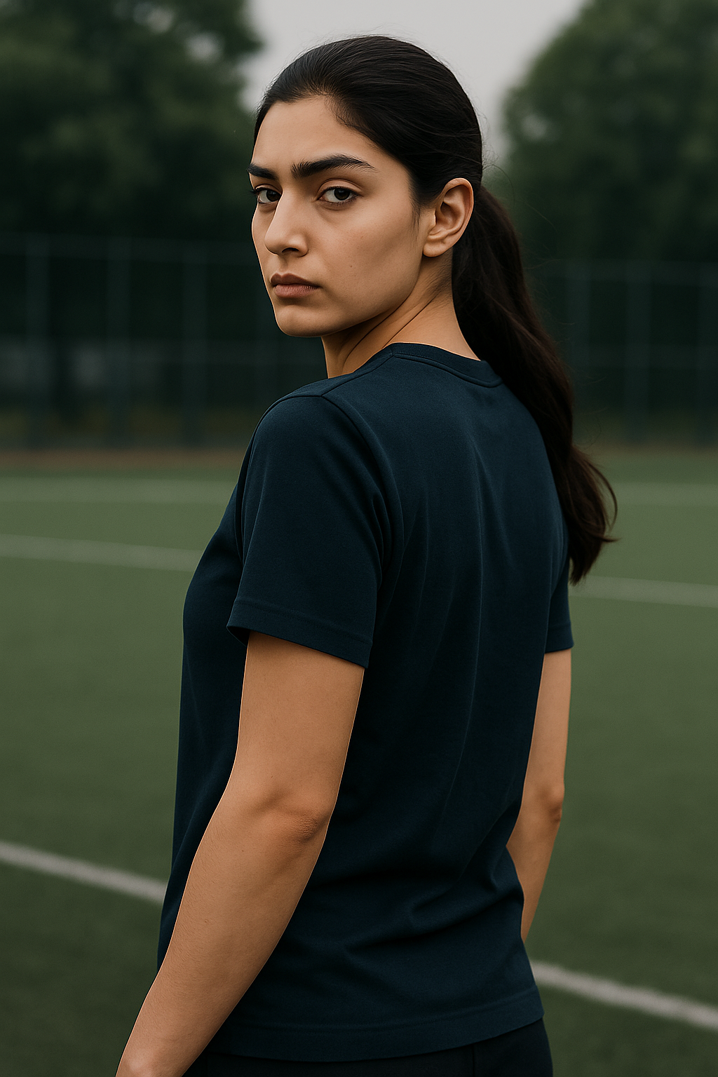 Model in LUUM's SUPIMA NAVY T-shirt standing on a sports field