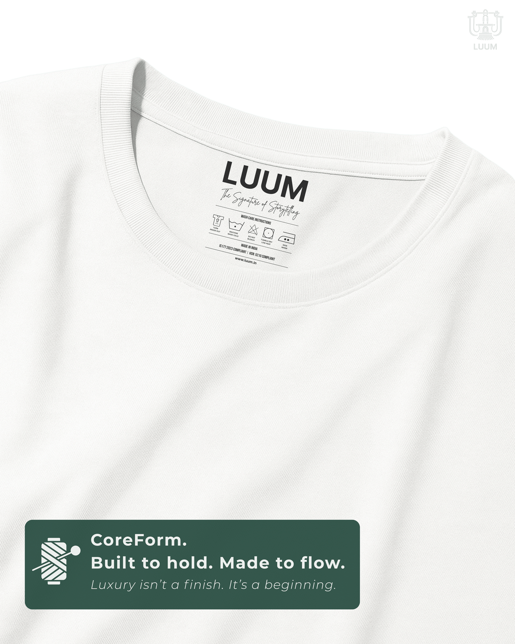 Close-up of fabric texture – LUUM CoreForm White SUPIMA T-Shirt in a Regular Fit. Luxury isn't a finish. It's a beginning.