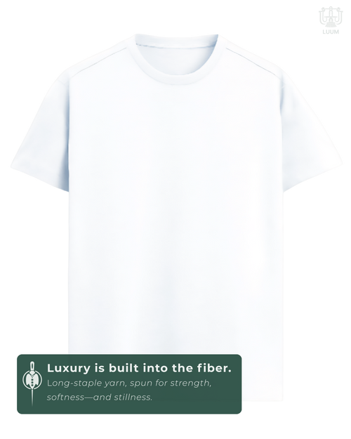 LUUM CoreForm White Regular Fit T-Shirt in 180 GSM SUPIMA Cotton – front view. Features a long staple yarn unmatched softness and strength.