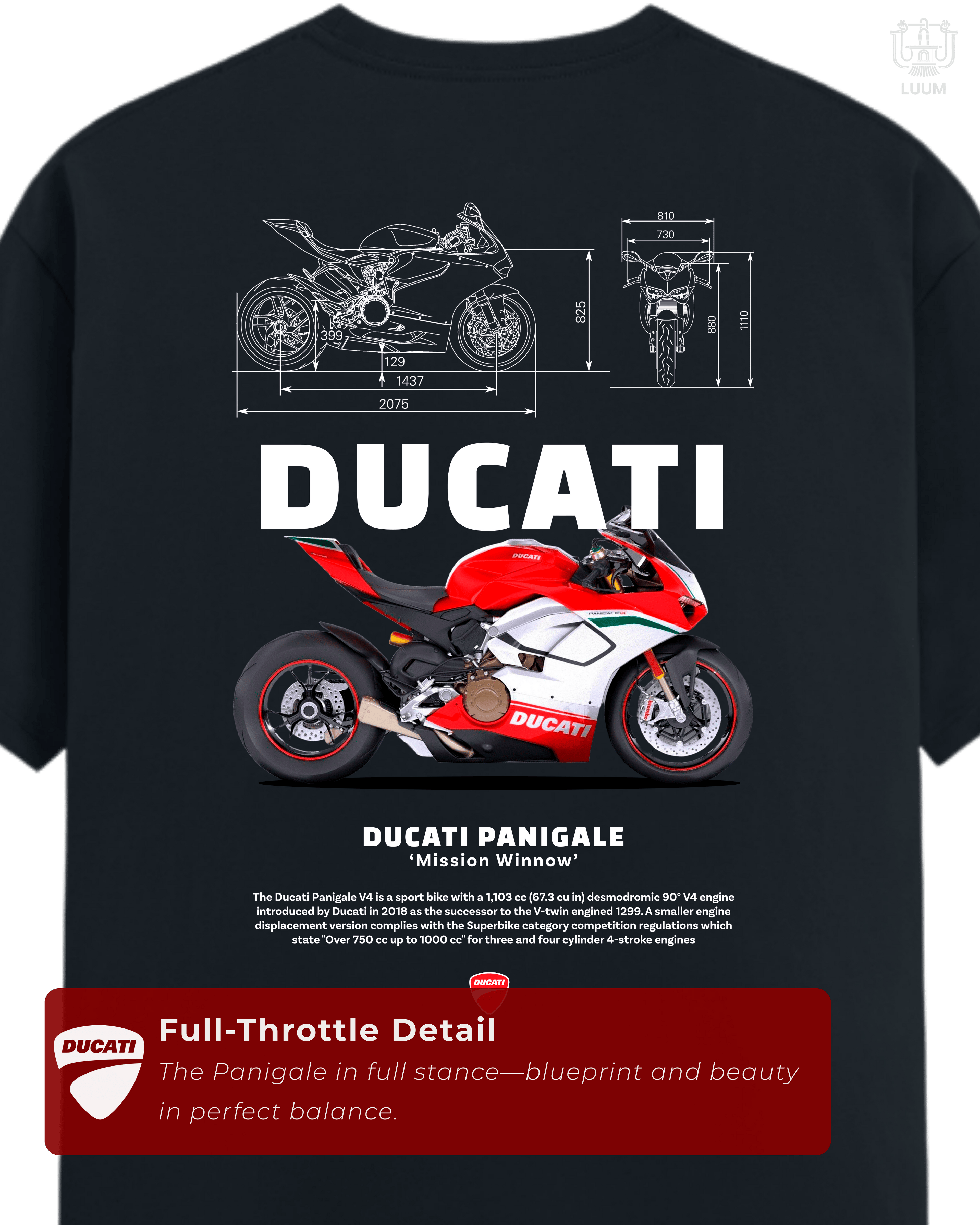 Panigale blueprint and full bike illustration in cinematic detail on tee back. Part of DailyPrints Collection. Belief. Woven and Worn.