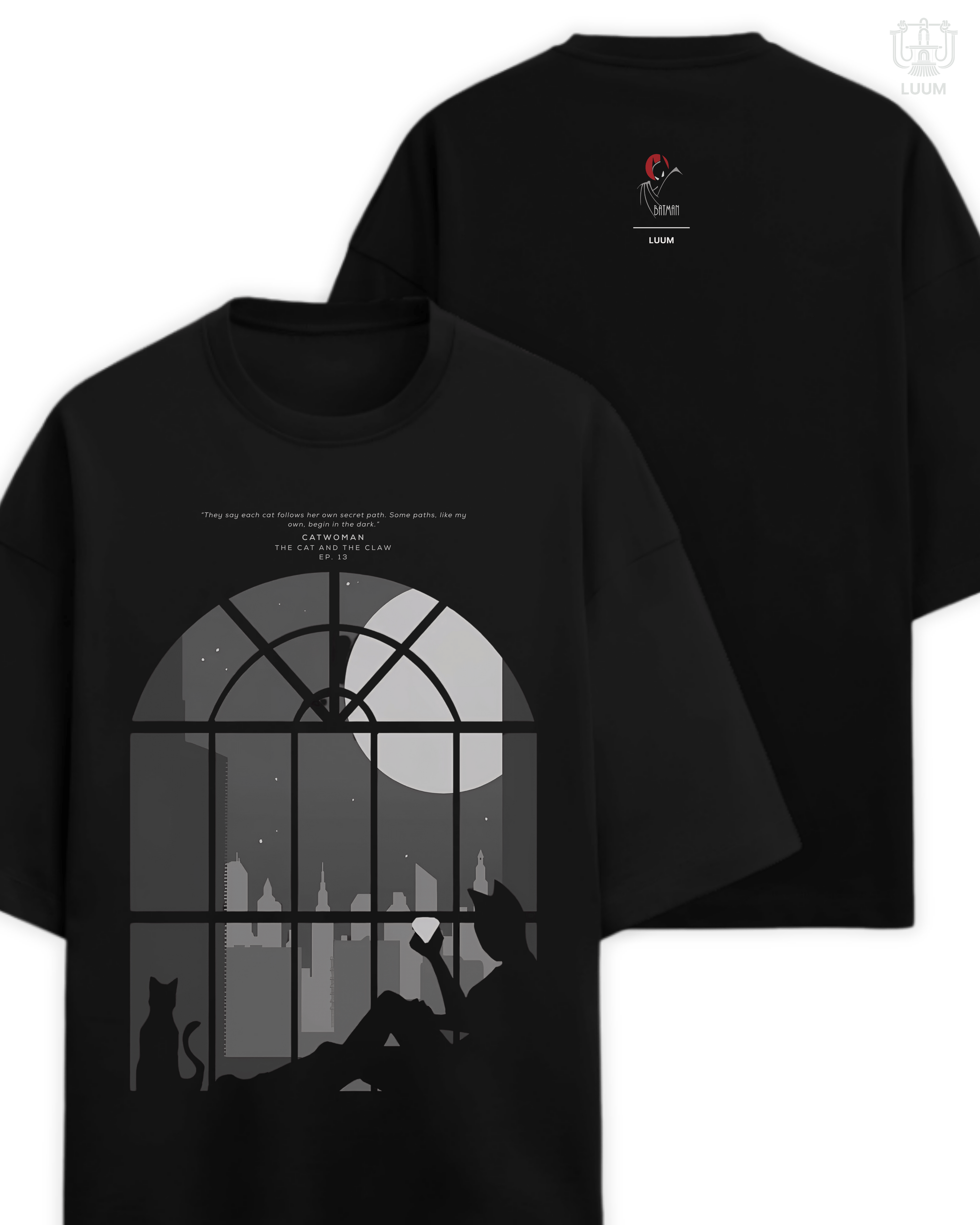 Oversized fit 260 GSM French Terry LUUM's Catwoman T-shirt in black, featuring Gotham-inspired artwork and Batman emblem. Part of DailyPrints Collection. Belief. Woven and Worn.