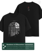 Main mockup of the LUUM's Shadows & Silhouettes: Catwoman T-shirt in black, inspired by Batman: The Animated Series. Part of DailyPrints Collection. Belief. Woven and Worn.