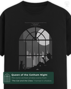 Front design of the LUUM's Catwoman T-shirt showing the iconic Gotham window scene from Batman: The Animated Series. Part of DailyPrints Collection. Belief. Woven and Worn.