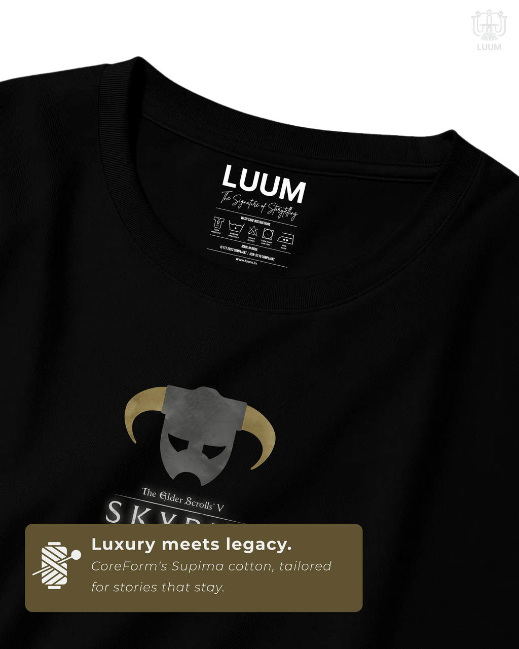 Closeup of gold-printed Skyrim runes and warrior design on premium Supima cotton. Part of DailyPrints Collection. Belief. Woven and Worn.