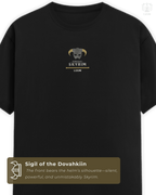 Front view of Skyrim t-shirt with Dragonborn helmet sigil in gold and LUUM branding. Part of DailyPrints Collection. Belief. Woven and Worn.