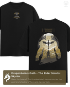 Black Skyrim t-shirt by LUUM featuring gold warrior and dragon motif, inspired by the Dragonborn’s Oath. Part of DailyPrints Collection. Belief. Woven and Worn.