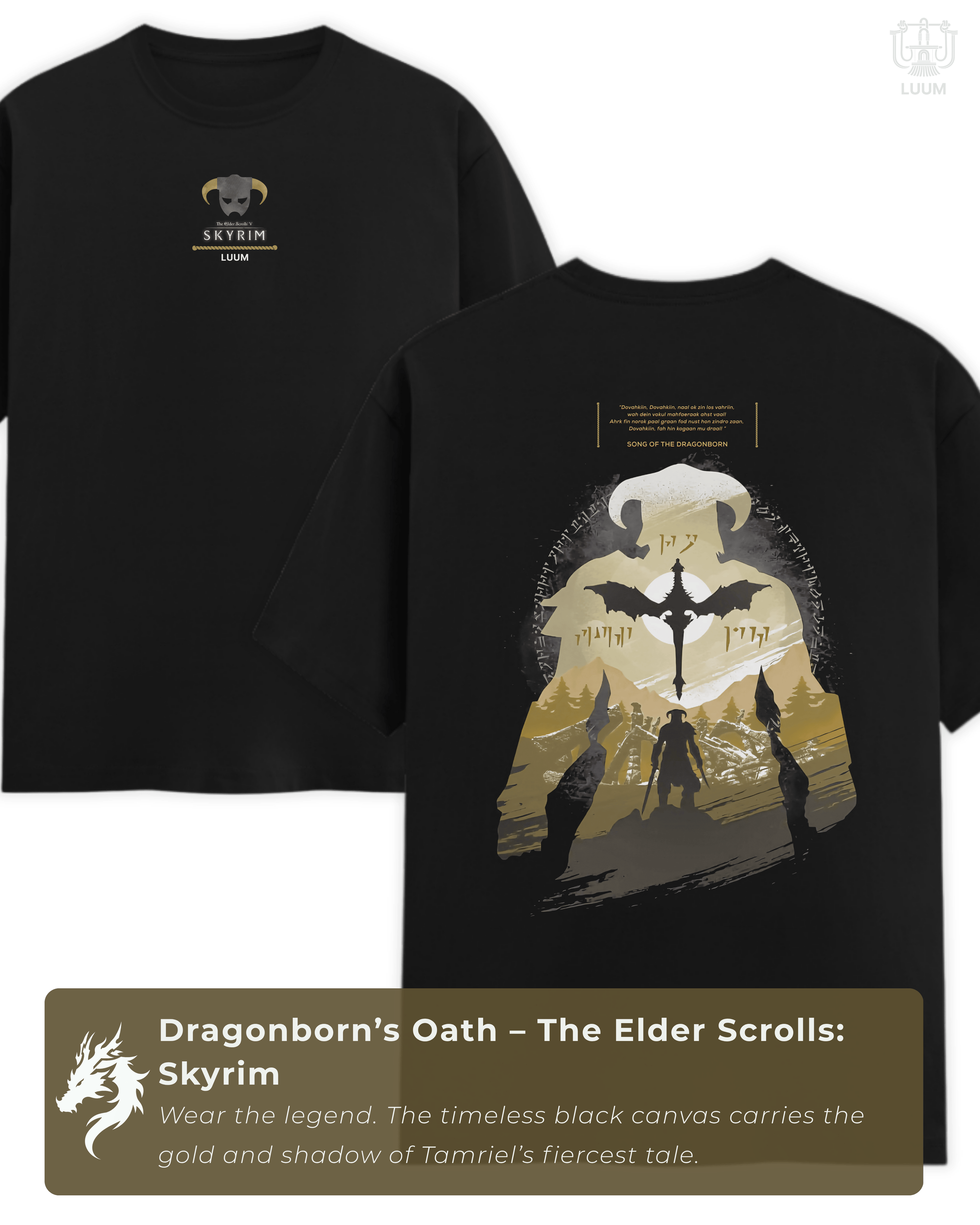 Black Skyrim t-shirt by LUUM featuring gold warrior and dragon motif, inspired by the Dragonborn’s Oath. Part of DailyPrints Collection. Belief. Woven and Worn.
